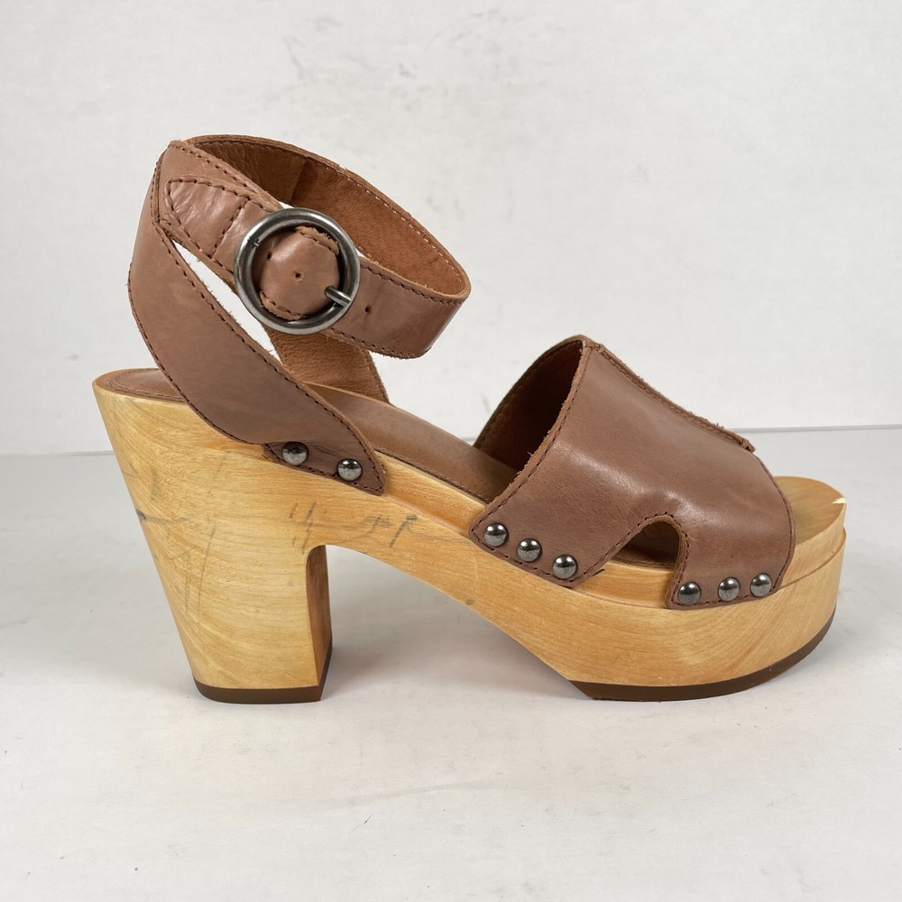 Frye Zelda Seam Wooden Platform Clogs Womens Size 7.5 M Brown Leather Shoes